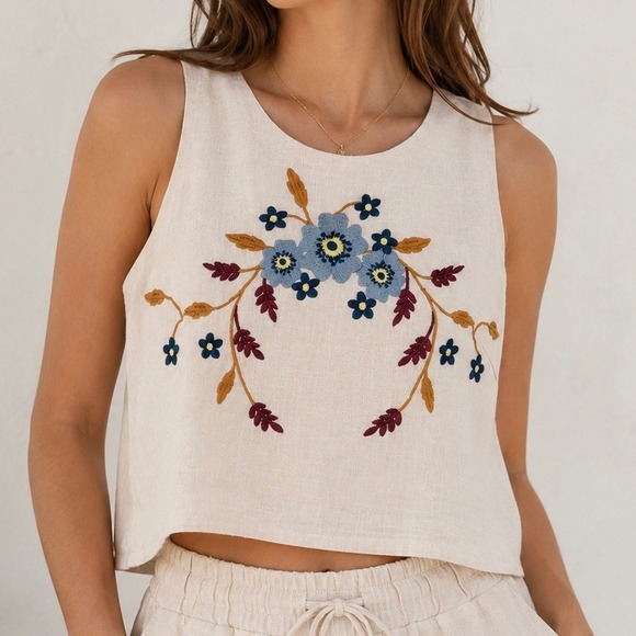 Mable Tops - Mable x Anthropologie Floral Embroidered Crop Top Cream Sleeveless MST7974A S